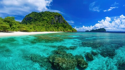 Obraz premium Stunning tropical beach with clear turquoise water and lush greenery under a bright blue sky.