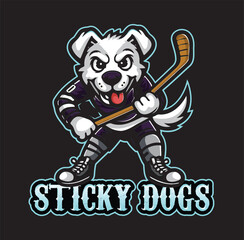 a Mascot logo of a dog holding a hockey stick, standing pose, front pose, beautiful mascot logo 