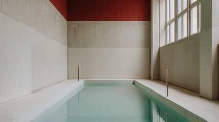 Hotel spa area under construction, indoor pool being tiled, serene ambiance, hotel under construction, wellness design