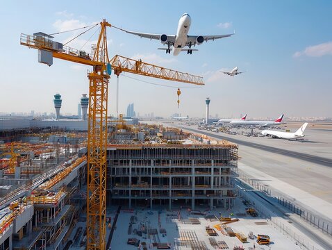 Hotel construction site near airport, planes taking off in background, modern travel hub, hotel under construction, transportation node
