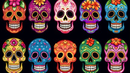 Colorful decorative sugar skulls in floral patterns celebrate the culture and traditions of Dia de los Muertos on a black background.