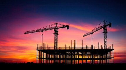Hotel under construction with steel frame visible, sunset sky, cranes lifting beams, hotel under construction, urban development