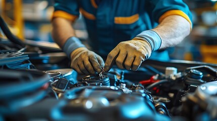 professional car mechanic in gloves working on a vehicle engine in an auto workshop, emphasizing vehicle repair, maintenance, and the expertise required for auto diagnostics
