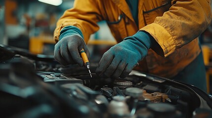 professional car mechanic in gloves working on a vehicle engine in an auto workshop, emphasizing vehicle repair, maintenance, and the expertise required for auto diagnostics