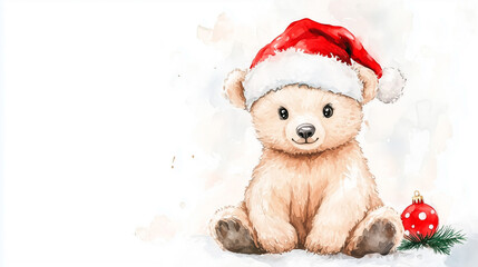 Tender teddy bear with Christmas hat in festive watercolor illustration for kids designs