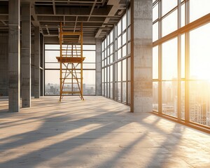 Hotel construction site with futuristic glass atrium, dynamic lighting effects, hotel under construction, modern architectural marvel