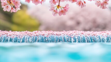 A gentle waterfall cascades into a crystal clear pool, the water tinted a delicate pink by the petals of cherry blossom trees overhead.
