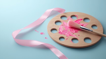 An artist palette with splashes of pink paint, a brush resting on a pink ribbon draped across the wooden surface, signifying creativity and artistic expression.