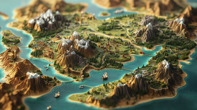 A 3D illustration of a map featuring various terrains and landscapes, highlighting areas prone to natural disasters such as landslides and floods. The map includes elevation details, waterways, 
