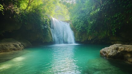 The waterfall spills over rocky ledges into a stunning turquoise pool, enveloped by vibrant foliage and a peaceful atmosphere, inviting relaxation and exploration