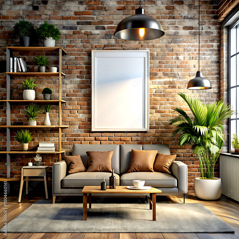 Wall mural Living room interior in loft, industrial style, 3d render, white Mock up frame