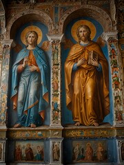 Frescoes from the 17th century adorn the Cathedral of St. Sophia in Vologda, Russia.