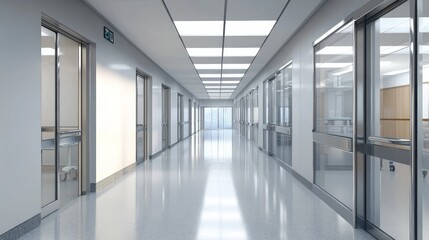Fototapeta premium A modern, well-lit corridor in a professional building with glass doors and polished floors.