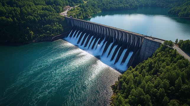 hydroelectric power station with a massive dam and water spillways, demonstrating the importance of sustainable energy solutions for electricity production and conservation