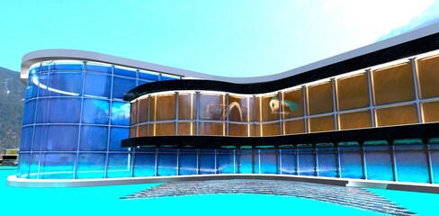 Exterior made of large multicolored glass blocks. A semicircular staircase descends into crystal clear water. 3D rendering.