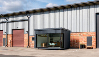 Obraz premium Small office next to a large warehouse building