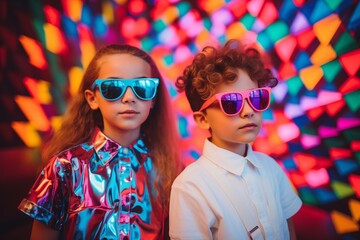 Two fashionable kids wearing futuristic sunglasses stand amid a vivid, neon geometric background in disco club.