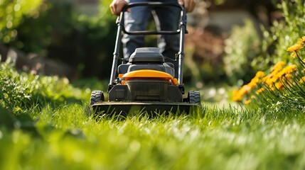 Fototapeta premium Gardener tends to the well manicured green lawn in a sunny garden, creating a beautiful and serene summer scene with blooming flowers and the hum of the mower