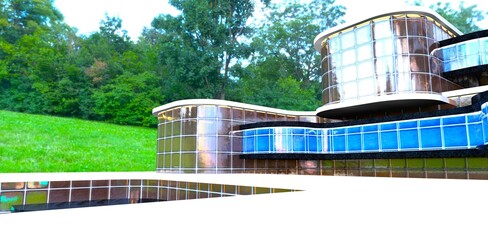 White plastic floor of the terrace at a wellness center with a glass block facade in an eco-friendly park. 3D rendering.