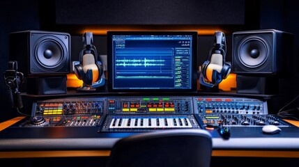 Music Production Studio: A professional music production studio with a computer, mixer, speakers, and headphones. Perfect for showcasing the tools and technology used in the creation of music. 
