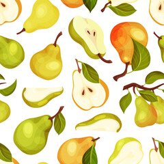 Fresh Pear Fruit Seamless Pattern Design with Garden Crop Vector Template