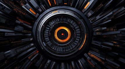 Futuristic Interface: A mesmerizing abstract composition of circular, metallic structures with glowing orange accents, evokes a sense of futuristic technology, intricate design.