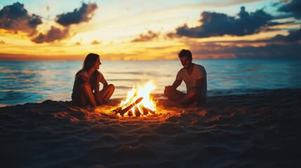 Couple enjoys a romantic beach bonfire at sunset.