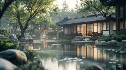 Naklejka premium A breathtaking fusion of nature and architecture, where stunning landscapes harmonize with magnificent structures to create a scene of serene beauty