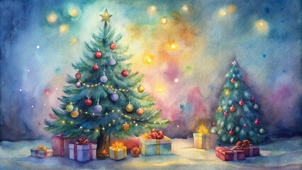 Christmas tree with gifts in snowy outdoor setting, watercolor style