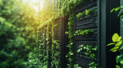 eco-friendly data center with integrated greenery and sustainable servers, demonstrating energy-efficient IT systems and renewable resources for a more environmentally responsible future
