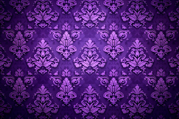 Fototapeta premium A rich purple damask pattern featuring intricate floral designs. The texture is smooth with a glossy finish, creating a luxurious and elegant appearance. 