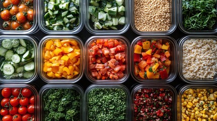 containers filled with assorted prepped vegetables and grains showcasing organized meal planning techniques for healthier eating habits and nutrition