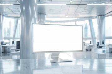 Futuristic workspace with an empty white monitor, ideal for creative design projects