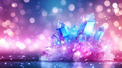 Sparkling blue crystal cluster with magical bokeh background
