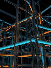 Glowing network of pipes and structures.