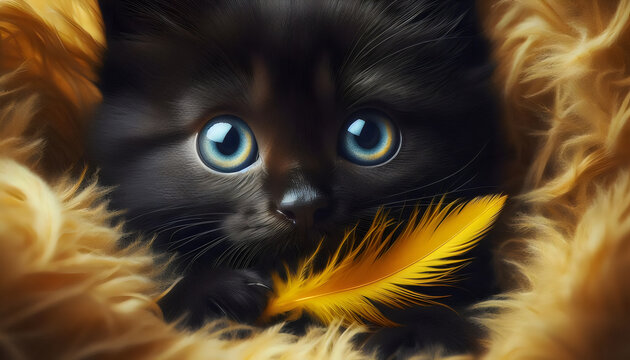 wallpaper de gatito negro con una pluma amarilla, alto contraste