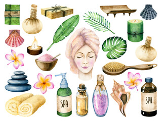 Hand drawn watercolor spa set isolated on a white background.