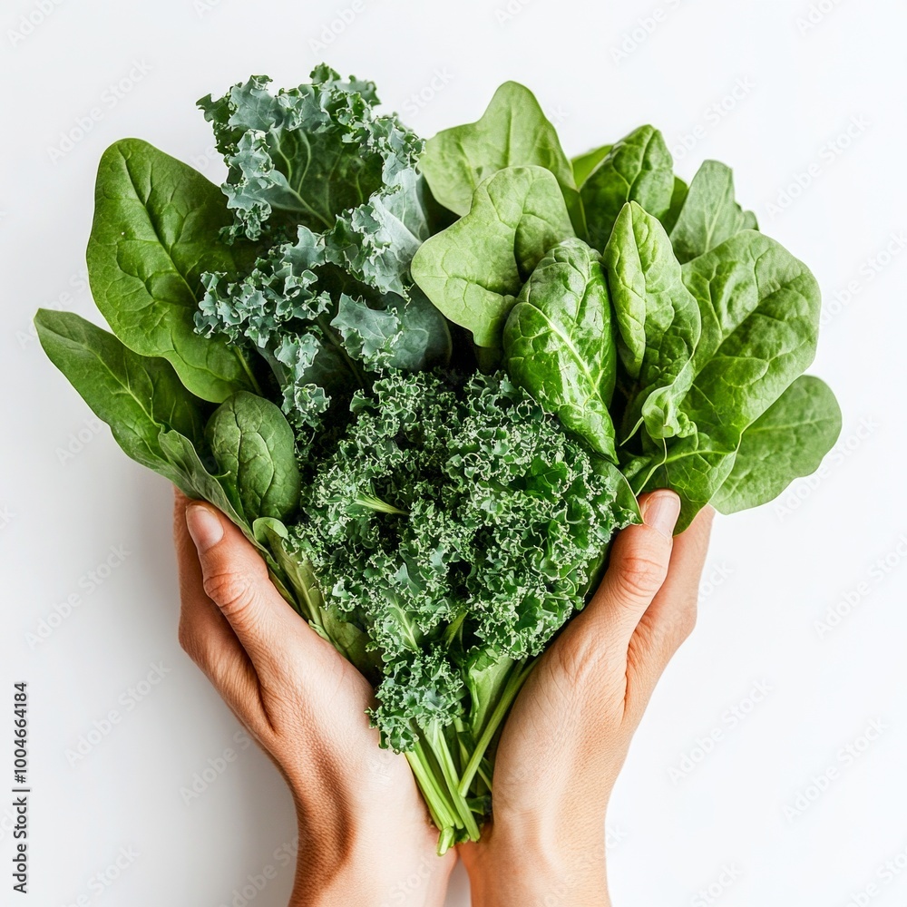 Poster A vibrant assortment of fresh green leafy vegetables held in hands. This photo captures the beauty of healthy eating. Ideal for food blogs and wellness websites. AI