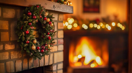 Christmas wreath hanging over the fireplace