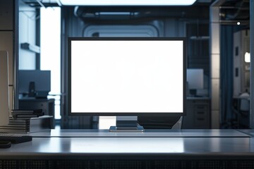 Futuristic workspace with a blank screen, perfect for your design needs
