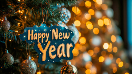 A toy with the words "Happy New Year" hanging on a Christmas tree