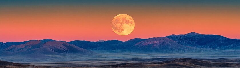 A stunning landscape featuring a large moon rising over distant mountains at sunset, perfect for nature-themed projects, travel promotions, or calming backgrounds,