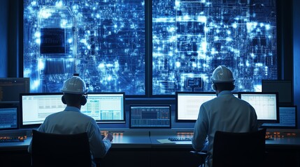 Engineers monitoring data analytics in a control room with advanced technology at night