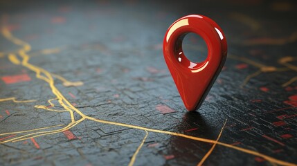 A red location pin on a dark, textured surface, symbolizing navigation and mapping.