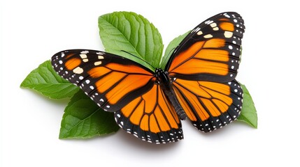 Fototapeta premium Monarch Butterfly on Green Leaves: A vibrant monarch butterfly, wings outstretched, rests gracefully on two lush green leaves, symbolizing transformation, beauty, and the delicate balance of nature. 