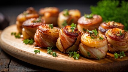 Bacon slices with filling, laid in a spiral on a wooden cutting board, decorated with sprigs of fresh parsley.