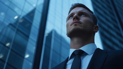 Fototapeta premium Businessman looking up at skyscrapers in the city