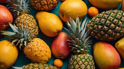 Fresh tropical fruits including pineapples, mangoes, and apples arranged on a vibrant blue surface for a colorful display