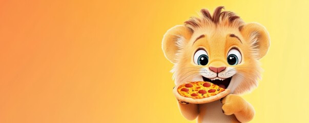 A cute lion cub enjoying a slice of pizza with a big grin on a gradient pastel yellow and orange background.