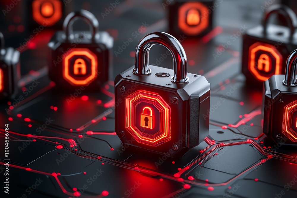 Poster 3D-rendered encrypted data stream flowing between devices, with fully modeled encryption locks and anonymous user symbols in a dynamic, digital environment